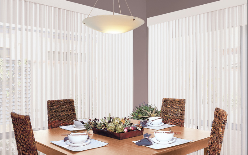 Curved Smooth Vinyl vertical blinds with all washable vinyl texture.