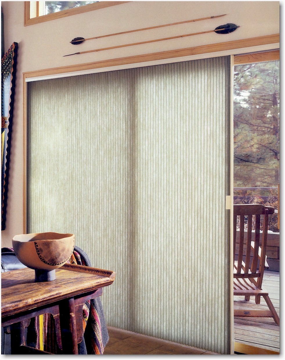 Timberwood Vinyl vertical blinds with all washable vinyl texture.