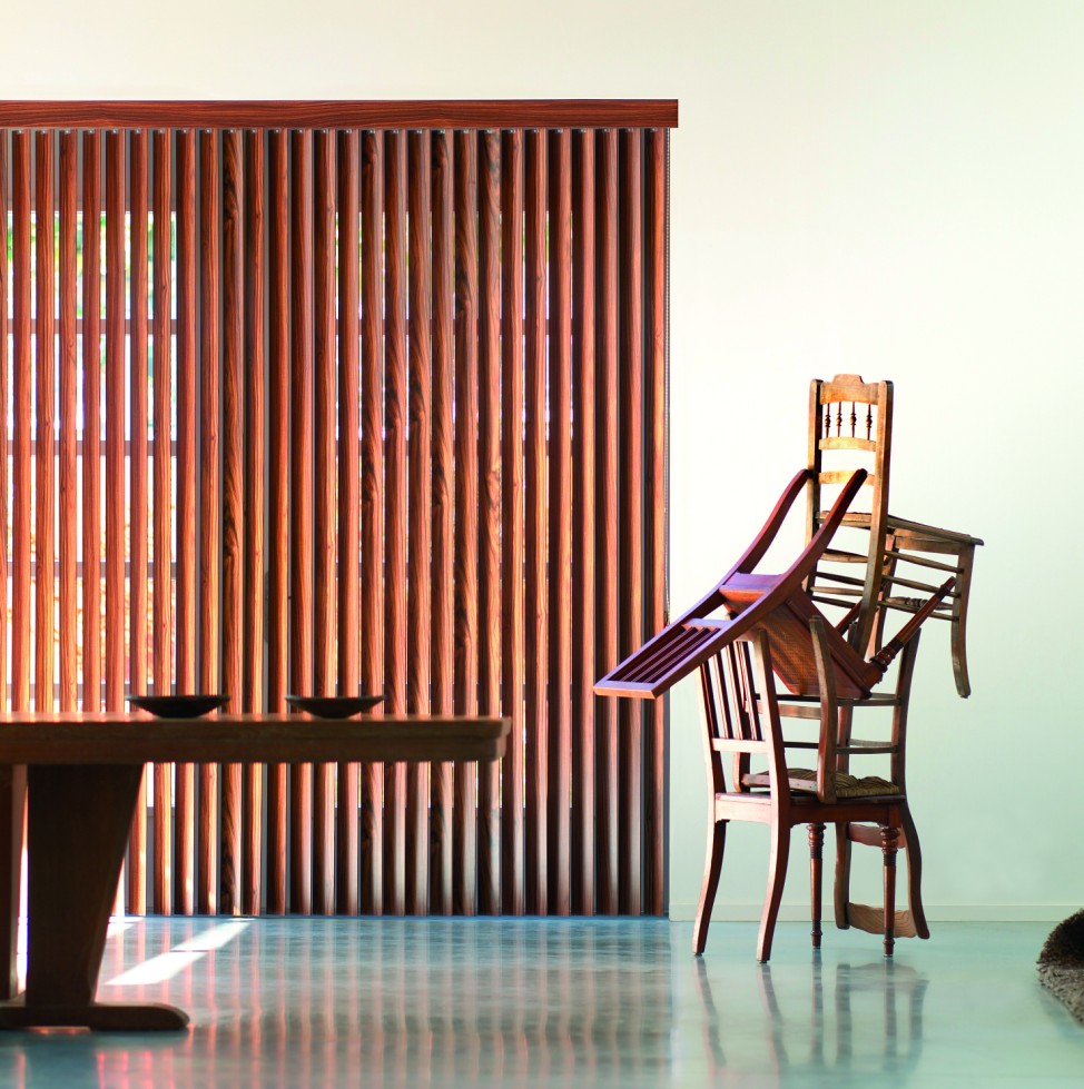 Fabric Dijon free hanging vertical blinds with deluxe texture.