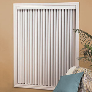 Vinyl Wanderlust vertical blinds with all washable vinyl texture.